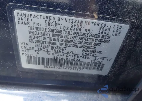 2016 Nissan Sentra S/Sv/Sr/Sl z USA, uszkodzony, nr VIN 3N1AB7AP1GY331577